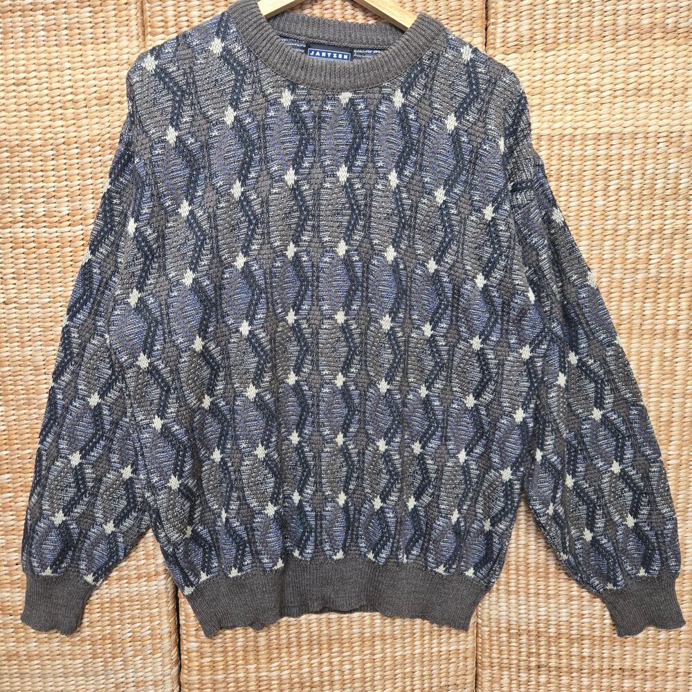 Jantzen Men Vintage 90s Cosby Biggie Grandpa Preppy Geometric 3D Knit Sweater XL